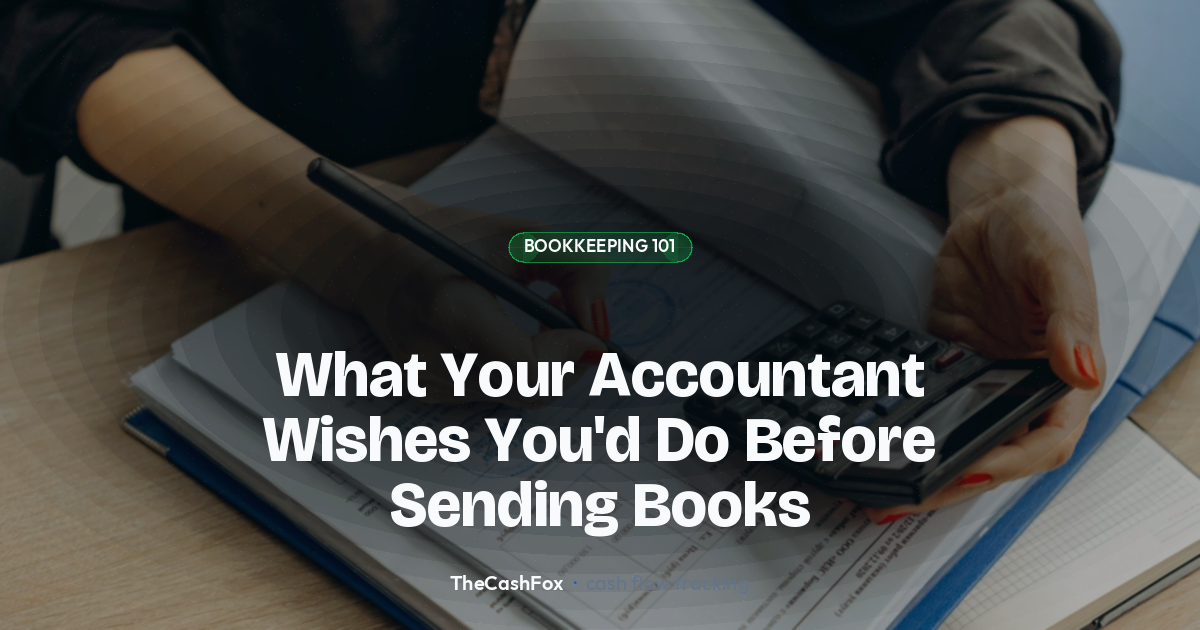 An accountant at a desk reviewing printed receipts and organized business documents, with a notebook and pen nearby