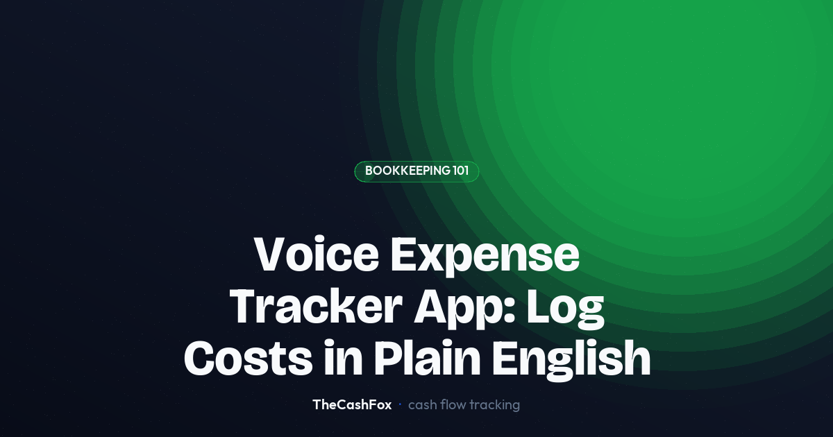 Freelancer holding a smartphone, speaking into it to record an expense entry, seated at a desk with a receipt and cup of
