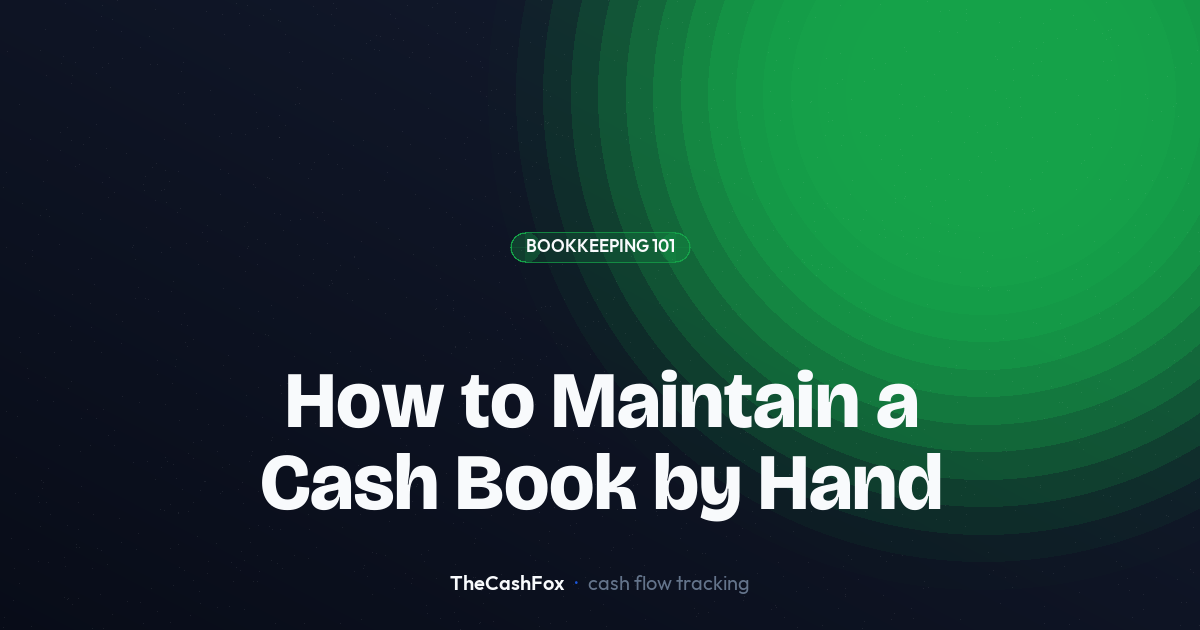 A hand-written cash book ledger with columns for date, description, money in, money out, and balance, next to a pen and 